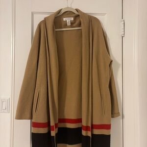 Jones New York Tan Cardigan with Red and Black Stripes